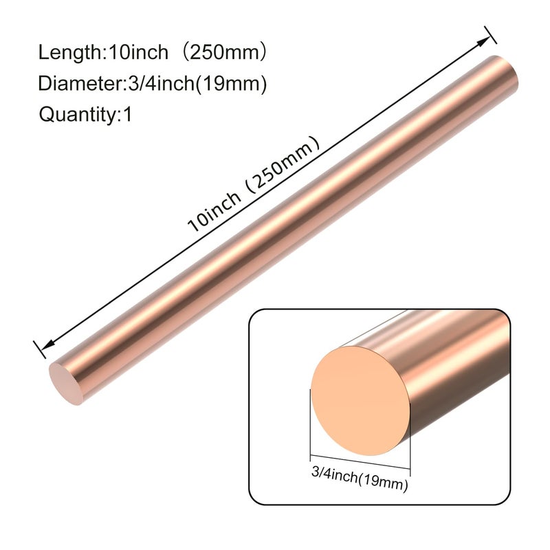 KWOKWEI قضيب نحاسي دائري 1 قطعة، قطر 3/4" (19 مم) قضيب نحاسي صلب، طول 10 بوصات قضيب نحاسي عاري، قضيب نحاسي لآلة الخراطة لمشاريع المعادن - Image 2